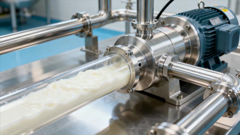 Bomba sinusoidal de acero inoxidable SANGYIE que manipula suavemente yogur con trozos de fruta en una aplicación de procesamiento de alimentos